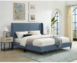 King/Queen Size Velvet Platform Bed Frame w/Upholstered Wingback Headboard,Panel Bedframe Mattress Base w/Wooden Slat Support for Master Bedroom Guest Room, No Box Spring Needed (Blue Polyester King) King/Queen Size Velvet Platform Bed Frame w/Upholstered Wingback Headboard,Panel Bedframe Mattress Base w/Wooden Slat Support for Master Bedroom Guest Room, No Box Spring Needed (Blue Polyester King)