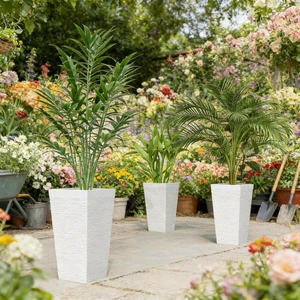 Hassyee 3 Pieces Stackable Tapered Planters Set with Stone-Look Design and 4 Wheels for Growing Flowers, Plants, Plastic Flower Pots with Drainage Holes for Backyard, Lawn (White) Hassyee 3 Pieces Stackable Tapered Planters Set with Stone-Look Design and 4 Wheels for Growing Flowers, Plants, Plastic Flower Pots with Drainage Holes for Backyard, Lawn (White)