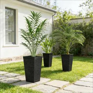 Hassyee 3 Pieces Stackable Tapered Planters Set with Stone-Look Design and 4 Wheels for Growing Flowers, Plants, Plastic Flower Pots with Drainage Holes for Backyard, Lawn (Black) Hassyee 3 Pieces Stackable Tapered Planters Set with Stone-Look Design and 4 Wheels for Growing Flowers, Plants, Plastic Flower Pots with Drainage Holes for Backyard, Lawn (Black)