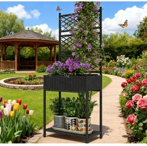 Hassyee Outdoor Rattan Raised Garden Bed with Bottom Storage Shelf and Trellis for Vegetables, Plants, Flowers, Planter Box with Steel Frame and Legs for Backyard, Lawn, Poolside (Black) Hassyee Outdoor Rattan Raised Garden Bed with Bottom Storage Shelf and Trellis for Vegetables, Plants, Flowers, Planter Box with Steel Frame and Legs for Backyard, Lawn, Poolside (Black)