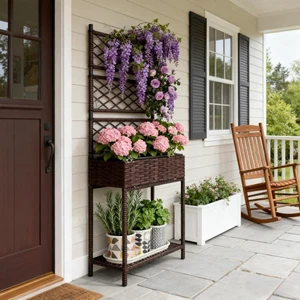 Hassyee Outdoor Rattan Raised Garden Bed with Bottom Storage Shelf and Trellis for Vegetables, Plants, Flowers, Planter Box with Steel Frame and Legs for Backyard, Lawn, Poolside (Brown) Hassyee Outdoor Rattan Raised Garden Bed with Bottom Storage Shelf and Trellis for Vegetables, Plants, Flowers, Planter Box with Steel Frame and Legs for Backyard, Lawn, Poolside (Brown)