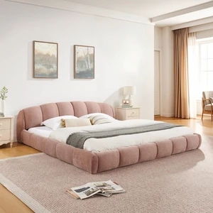 Hassyee King/Queen Size Upholstered Platform Bed Frame with Thick Curved Headboard & Wrapped Footboard, Panel Bedframe Mattress Base with Slats Support for Bedroom Guest Room Apartment (Pink + King) Hassyee King/Queen Size Upholstered Platform Bed Frame with Thick Curved Headboard & Wrapped Footboard, Panel Bedframe Mattress Base with Slats Support for Bedroom Guest Room Apartment (Pink + King)