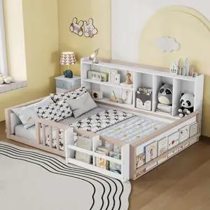 Hassyee Twin/Full Size Floor Bed with Guardrail Fence & Bookcase, Wooden Montessori Bed with Slat Support and Side Storage Shelves for Boys Girls Bedroom Guest Room Playroom (Full+Nude & White) Hassyee Twin/Full Size Floor Bed with Guardrail Fence & Bookcase, Wooden Montessori Bed with Slat Support and Side Storage Shelves for Boys Girls Bedroom Guest Room Playroom (Full+Nude & White)