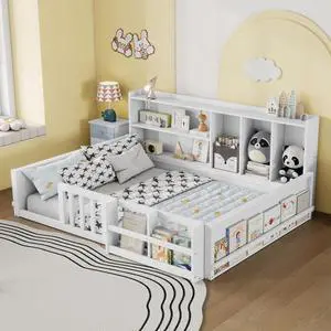 Twin/Full Size Wooden Floor Bed with Guardrail Fence, Side Storage Shelves & Bookcase, Montessori Bed with Slat Support for Boys Girls Bedroom Guest Playroom, No Box Spring Needed (Full+White) Twin/Full Size Wooden Floor Bed with Guardrail Fence, Side Storage Shelves & Bookcase, Montessori Bed with Slat Support for Boys Girls Bedroom Guest Playroom, No Box Spring Needed (Full+White)