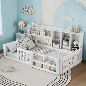 Twin/Full Size Wooden Floor Bed with Guardrail Fence, Side Storage Shelves & Bookcase, Montessori Bed with Slat Support for Boys Girls Bedroom Guest Playroom, No Box Spring Needed (Twin+White) Twin/Full Size Wooden Floor Bed with Guardrail Fence, Side Storage Shelves & Bookcase, Montessori Bed with Slat Support for Boys Girls Bedroom Guest Playroom, No Box Spring Needed (Twin+White)