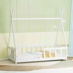 Hassyee Wooden House Floor Bed with Full Surround Guardrails and Slat Support, Montessori Bed, Tent Beds for Boys Girls Household Bedroom Guest Playroom, No Box Spring Needed Hassyee Wooden House Floor Bed with Full Surround Guardrails and Slat Support, Montessori Bed, Tent Beds for Boys Girls Household Bedroom Guest Playroom, No Box Spring Needed