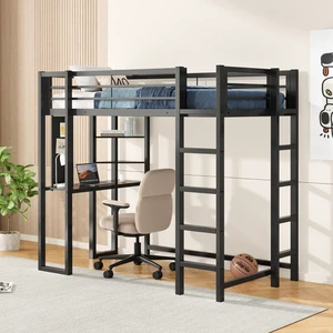 Hassyee Twin Size Metal Loft Bed with Desk and Storage Compatible, Dorm Bed with Safety Guardrails and Ladder, Corner Beds with Slats Support for Boys Girls Teens Bedroom Guest Room Hassyee Twin Size Metal Loft Bed with Desk and Storage Compatible, Dorm Bed with Safety Guardrails and Ladder, Corner Beds with Slats Support for Boys Girls Teens Bedroom Guest Room