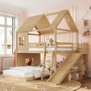 Hassyee Wooden House Bunk Bed with Roof, Ladders, Safety Guardrails and Slides, Two-Tier Cabin Loft Bunk Bed with Storage Shelves and Wardrobe for Boys Girls Bedroom Playroom (Natural Full Over Full) Hassyee Wooden House Bunk Bed with Roof, Ladders, Safety Guardrails and Slides, Two-Tier Cabin Loft Bunk Bed with Storage Shelves and Wardrobe for Boys Girls Bedroom Playroom (Natural Full Over Full)