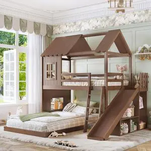 Wooden House Bunk Bed with Roof, Ladders, Safety Guardrails and Slides, Two-Tier Cabin Loft Bunk Bed with Storage Shelves and Wardrobe for Boys Girls Bedroom Playroom (Antique Natural Twin over Full) Wooden House Bunk Bed with Roof, Ladders, Safety Guardrails and Slides, Two-Tier Cabin Loft Bunk Bed with Storage Shelves and Wardrobe for Boys Girls Bedroom Playroom (Antique Natural Twin over Full)