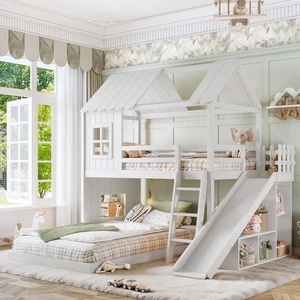 Hassyee Wooden House Bunk Bed with Roof, Ladders, Safety Guardrails and Slides, Two-Tier Cabin Loft Bunk Bed with Storage Shelves and Wardrobe for Boys Girls Bedroom Playroom (White Twin Over Full) Hassyee Wooden House Bunk Bed with Roof, Ladders, Safety Guardrails and Slides, Two-Tier Cabin Loft Bunk Bed with Storage Shelves and Wardrobe for Boys Girls Bedroom Playroom (White Twin Over Full)
