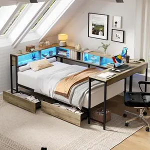 Twin/Queen/Full Size Daybed with Bookcase and 2 Underbed Storage Drawers, Captain's Bed with LED Light and Charging Station, Corner Sofa Beds for Bedroom Guest Room Small Apartment Dorm (Grey Twin) Twin/Queen/Full Size Daybed with Bookcase and 2 Underbed Storage Drawers, Captain's Bed with LED Light and Charging Station, Corner Sofa Beds for Bedroom Guest Room Small Apartment Dorm (Grey Twin)
