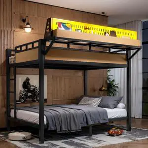 Hassyee Metal Bunk Bed with Ladder, USB Ports and LED Lights, Teens and Adults Dorm Bed with Under-Bed Storage Space and Storage Shelves for Boys Girls Bedroom Guest Room (Natural Full) Hassyee Metal Bunk Bed with Ladder, USB Ports and LED Lights, Teens and Adults Dorm Bed with Under-Bed Storage Space and Storage Shelves for Boys Girls Bedroom Guest Room (Natural Full)