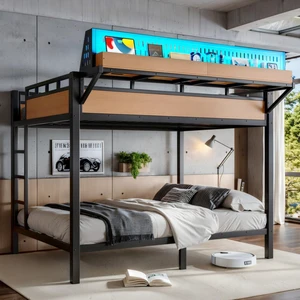 Hassyee Metal Bunk Bed with Ladder, USB Ports and LED Lights, Teens and Adults Dorm Bed with Under-Bed Storage Space and Storage Shelves for Boys Girls Bedroom Guest Room (Natural Queen) Hassyee Metal Bunk Bed with Ladder, USB Ports and LED Lights, Teens and Adults Dorm Bed with Under-Bed Storage Space and Storage Shelves for Boys Girls Bedroom Guest Room (Natural Queen)