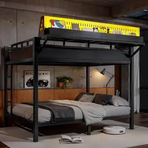 Hassyee Metal Bunk Bed with Ladder, USB Ports and LED Lights, Teens and Adults Dorm Bed with Under-Bed Storage Space and Storage Shelves for Boys Girls Bedroom Guest Room (Black Queen) Hassyee Metal Bunk Bed with Ladder, USB Ports and LED Lights, Teens and Adults Dorm Bed with Under-Bed Storage Space and Storage Shelves for Boys Girls Bedroom Guest Room (Black Queen)