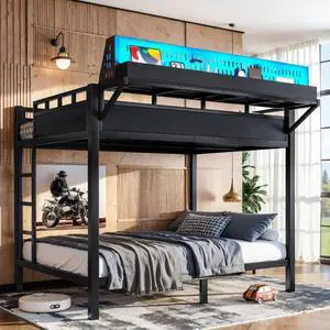 Hassyee Metal Bunk Bed with Ladder, USB Ports and LED Lights, Teens and Adults Dorm Bed with Under-Bed Storage Space and Storage Shelves for Boys Girls Bedroom Guest Room (Black Full) Hassyee Metal Bunk Bed with Ladder, USB Ports and LED Lights, Teens and Adults Dorm Bed with Under-Bed Storage Space and Storage Shelves for Boys Girls Bedroom Guest Room (Black Full)