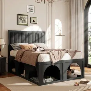 Queen/Full Size Platform Bed with Pet-Friendly Space and Upholstered Headboard, Panel Bedframe Mattress Base with Open Under-Bed Nook and Wooden Slats Support for Bedroom Apartment (Black Full) Queen/Full Size Platform Bed with Pet-Friendly Space and Upholstered Headboard, Panel Bedframe Mattress Base with Open Under-Bed Nook and Wooden Slats Support for Bedroom Apartment (Black Full)