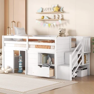 Hassyee Twin/Full Size Solid Wood Low Loft Bed Frame with Built-in Stairs and Storage Drawer, Dorm Bed with 7 Colors LED Light and Safety Guardrails for Boys Girls Bedroom Guest Playroom (Twin+White) Hassyee Twin/Full Size Solid Wood Low Loft Bed Frame with Built-in Stairs and Storage Drawer, Dorm Bed with 7 Colors LED Light and Safety Guardrails for Boys Girls Bedroom Guest Playroom (Twin+White)