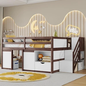 Twin/Full Size Solid Wood Low Loft Bed Frame with Built-in Stairs and Storage Drawer, Dorm Bed with 7 Colors LED Light and Safety Guardrails for Boys Girls Bedroom Guest Playroom (Full+Walnut & White) Twin/Full Size Solid Wood Low Loft Bed Frame with Built-in Stairs and Storage Drawer, Dorm Bed with 7 Colors LED Light and Safety Guardrails for Boys Girls Bedroom Guest Playroom (Full+Walnut & White)