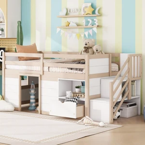 Twin/Full Size Solid Wood Low Loft Bed Frame with Built-in Stairs and Storage Drawer, Dorm Bed with 7 Colors LED Light and Safety Guardrails for Boys Girls Bedroom Guest Playroom (Twin+Cream& White) Twin/Full Size Solid Wood Low Loft Bed Frame with Built-in Stairs and Storage Drawer, Dorm Bed with 7 Colors LED Light and Safety Guardrails for Boys Girls Bedroom Guest Playroom (Twin+Cream& White)