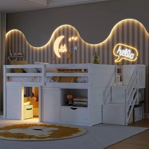 Hassyee Twin/Full Size Solid Wood Low Loft Bed Frame with Built-in Stairs and Storage Drawer, Dorm Bed with 7 Colors LED Light and Safety Guardrails for Boys Girls Bedroom Guest Playroom (Full+White) Hassyee Twin/Full Size Solid Wood Low Loft Bed Frame with Built-in Stairs and Storage Drawer, Dorm Bed with 7 Colors LED Light and Safety Guardrails for Boys Girls Bedroom Guest Playroom (Full+White)