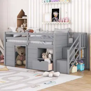 Hassyee Twin/Full Size Solid Wood Low Loft Bed Frame with Built-in Stairs and Storage Drawer, Dorm Bed with 7 Colors LED Light and Safety Guardrails for Boys Girls Bedroom Guest Playroom (Twin+Gray) Hassyee Twin/Full Size Solid Wood Low Loft Bed Frame with Built-in Stairs and Storage Drawer, Dorm Bed with 7 Colors LED Light and Safety Guardrails for Boys Girls Bedroom Guest Playroom (Twin+Gray)