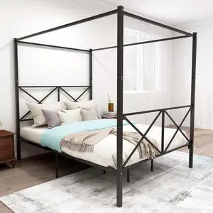 Hassyee Queen/Full Size Metal Canopy Bed Frame with Headboard & Footboard, 4 Poster Platform Bed with Under-Bed Storage Space and Slat Support for Bedroom Apartment Guest Room (Black Queen) Hassyee Queen/Full Size Metal Canopy Bed Frame with Headboard & Footboard, 4 Poster Platform Bed with Under-Bed Storage Space and Slat Support for Bedroom Apartment Guest Room (Black Queen)