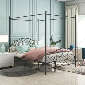 Hassyee Queen/Full Size Metal Canopy Bed Frame with Headboard & Footboard, 4 Poster Platform Bed with Under-Bed Storage Space and Slat Support for Bedroom Apartment Guest Room (Queen Black) Hassyee Queen/Full Size Metal Canopy Bed Frame with Headboard & Footboard, 4 Poster Platform Bed with Under-Bed Storage Space and Slat Support for Bedroom Apartment Guest Room (Queen Black)
