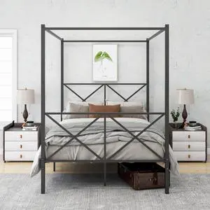 Hassyee Queen/Full Size Metal Canopy Bed Frame with Headboard & Footboard, 4 Poster Platform Bed with Under-Bed Storage Space and Slat Support for Bedroom Apartment Guest Room (Full Black) Hassyee Queen/Full Size Metal Canopy Bed Frame with Headboard & Footboard, 4 Poster Platform Bed with Under-Bed Storage Space and Slat Support for Bedroom Apartment Guest Room (Full Black)