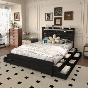 Wood and Metal Platform Bed Panel Bed Frame w/Storage Headboard, LED,USB& 12 Drawers for Adults, Sturdy LED Bedframe Mattress Base w/Metal Frame &Iron Slats Support for Bedroom Furniture (Black Queen) Wood and Metal Platform Bed Panel Bed Frame w/Storage Headboard, LED,USB& 12 Drawers for Adults, Sturdy LED Bedframe Mattress Base w/Metal Frame &Iron Slats Support for Bedroom Furniture (Black Queen)
