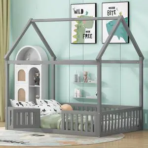 Hassyee Twin/Full Size Wood House Bed with Fence and Door, Cabin Bed with Roof Design, Montessori Beds for Boys Girls Teens Room Playroom Bedroom Guest Room, No Box Spring Needed (Gray Full) Hassyee Twin/Full Size Wood House Bed with Fence and Door, Cabin Bed with Roof Design, Montessori Beds for Boys Girls Teens Room Playroom Bedroom Guest Room, No Box Spring Needed (Gray Full)