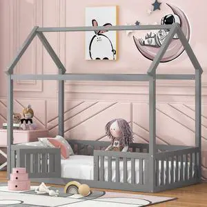 Solid Wood House Bed Sturdy Tent Beds w/Roof & 4-Sided Fence Railings for Teens, Low Profile Floor Bed Creative Montessori Bed Frame with 1 Entrance Door for Boys Girls, Can Be Decorated (Gray Twin) Solid Wood House Bed Sturdy Tent Beds w/Roof & 4-Sided Fence Railings for Teens, Low Profile Floor Bed Creative Montessori Bed Frame with 1 Entrance Door for Boys Girls, Can Be Decorated (Gray Twin)