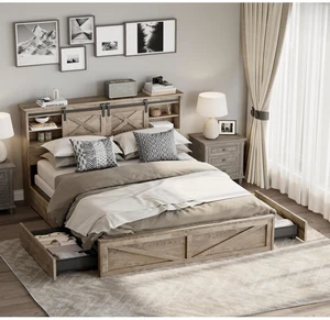Hassyee King Size Platform Bed with LED Lights and Charging Station, Panel Bed Frame with 2 Drawers and Barn Door Headboard, Floor Beds with Metal Slat Support for Bedroom Guest Room Apartment Hassyee King Size Platform Bed with LED Lights and Charging Station, Panel Bed Frame with 2 Drawers and Barn Door Headboard, Floor Beds with Metal Slat Support for Bedroom Guest Room Apartment