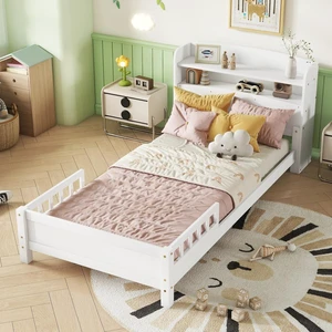 Hassyee Twin/Full Size Wood Platform Bed with Bookcase Headboard and LED Light, Panel Bed Mattress Foundation with Guardrails and Slat Support for Master Bedroom Guest Room Apartment (White Twin) Hassyee Twin/Full Size Wood Platform Bed with Bookcase Headboard and LED Light, Panel Bed Mattress Foundation with Guardrails and Slat Support for Master Bedroom Guest Room Apartment (White Twin)