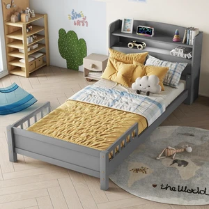 Hassyee Twin/Full Size Wood Platform Bed with Bookcase Headboard and LED Light, Panel Bed Mattress Foundation with Guardrails and Slat Support for Master Bedroom Guest Room Apartment (Grey Twin) Hassyee Twin/Full Size Wood Platform Bed with Bookcase Headboard and LED Light, Panel Bed Mattress Foundation with Guardrails and Slat Support for Master Bedroom Guest Room Apartment (Grey Twin)