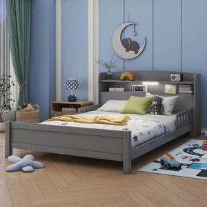 Hassyee Twin/Full Size Wood Platform Bed with Bookcase Headboard and LED Light, Panel Bed Mattress Foundation with Guardrails and Slat Support for Master Bedroom Guest Room Apartment (Grey Full) Hassyee Twin/Full Size Wood Platform Bed with Bookcase Headboard and LED Light, Panel Bed Mattress Foundation with Guardrails and Slat Support for Master Bedroom Guest Room Apartment (Grey Full)