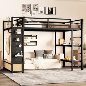 Queen/Twin XL/Full Size Loft Bed with Wardrobe, Guardrails and Ladder, Metal Dorm Bed with Storage Shelves, Drawer and Pegboard, Corner Beds for Teens Apartment Bedroom Guest Room (Black Full) Queen/Twin XL/Full Size Loft Bed with Wardrobe, Guardrails and Ladder, Metal Dorm Bed with Storage Shelves, Drawer and Pegboard, Corner Beds for Teens Apartment Bedroom Guest Room (Black Full)