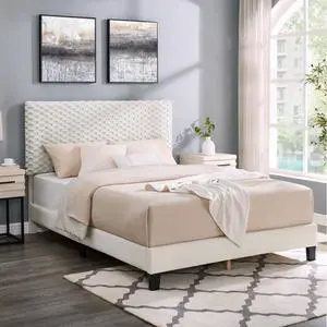Twin/Queen/Full Size Upholstered Platform Bed with Woven Headboard and Wood Slat Support, Panel Bed Mattress Foundation for Master Bedroom Guest Room Apartment, No Box Spring Needed (Off White Full) Twin/Queen/Full Size Upholstered Platform Bed with Woven Headboard and Wood Slat Support, Panel Bed Mattress Foundation for Master Bedroom Guest Room Apartment, No Box Spring Needed (Off White Full)