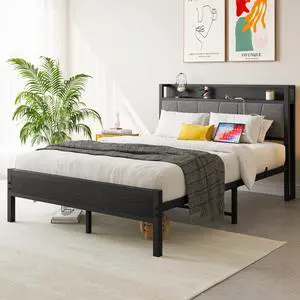 Hassyee Twin/Queen/Full Size Upholstered Platform Bed Frame with Storage Headboard and Footboard, Metal Panel Bed Frame with USB Charging Station for Master Bedroom Guest Room (Full Size + Black) Hassyee Twin/Queen/Full Size Upholstered Platform Bed Frame with Storage Headboard and Footboard, Metal Panel Bed Frame with USB Charging Station for Master Bedroom Guest Room (Full Size + Black)