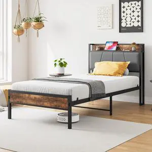 Hassyee Twin/Queen/Full Size Upholstered Platform Bed Frame with Storage Headboard and Footboard, Metal Panel Bed Frame with USB Charging Station for Master Bedroom Guest Room (Twin Size + Brown) Hassyee Twin/Queen/Full Size Upholstered Platform Bed Frame with Storage Headboard and Footboard, Metal Panel Bed Frame with USB Charging Station for Master Bedroom Guest Room (Twin Size + Brown)