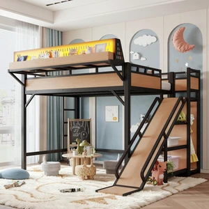 Hassyee Twin XL/Queen/Full Size Loft Bed with Slide, Storage Shelves and Wardrobe, Metal Dorm Bed with USB Ports and LED Lights, Corner Beds with Pegboard for Master Bedroom Guest Room (Natural Full) Hassyee Twin XL/Queen/Full Size Loft Bed with Slide, Storage Shelves and Wardrobe, Metal Dorm Bed with USB Ports and LED Lights, Corner Beds with Pegboard for Master Bedroom Guest Room (Natural Full)