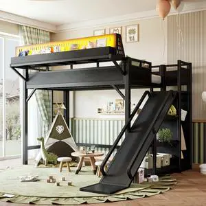 Twin XL/Queen/Full Size Loft Bed with Slide, Storage Shelves and Wardrobe, Metal Dorm Bed with USB Ports and LED Lights, Corner Beds with Pegboard for Master Bedroom Guest Room (Black Twin XL) Twin XL/Queen/Full Size Loft Bed with Slide, Storage Shelves and Wardrobe, Metal Dorm Bed with USB Ports and LED Lights, Corner Beds with Pegboard for Master Bedroom Guest Room (Black Twin XL)