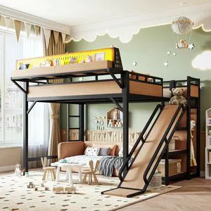 Twin XL/Queen/Full Size Loft Bed with Slide, Storage Shelves and Wardrobe, Metal Dorm Bed with USB Ports and LED Lights, Corner Beds with Pegboard for Master Bedroom Guest Room (Natural Queen) Twin XL/Queen/Full Size Loft Bed with Slide, Storage Shelves and Wardrobe, Metal Dorm Bed with USB Ports and LED Lights, Corner Beds with Pegboard for Master Bedroom Guest Room (Natural Queen)