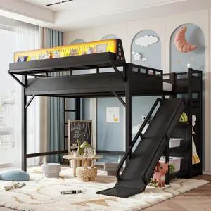 Hassyee Twin XL/Queen/Full Size Loft Bed with Slide, Storage Shelves and Wardrobe, Metal Dorm Bed with USB Ports and LED Lights, Corner Beds with Pegboard for Master Bedroom Guest Room (Black Full) Hassyee Twin XL/Queen/Full Size Loft Bed with Slide, Storage Shelves and Wardrobe, Metal Dorm Bed with USB Ports and LED Lights, Corner Beds with Pegboard for Master Bedroom Guest Room (Black Full)