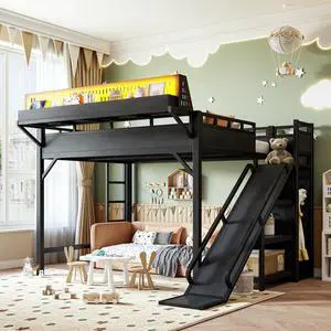 Hassyee Twin XL/Queen/Full Size Loft Bed with Slide, Storage Shelves and Wardrobe, Metal Dorm Bed with USB Ports and LED Lights, Corner Beds with Pegboard for Master Bedroom Guest Room (Black Queen) Hassyee Twin XL/Queen/Full Size Loft Bed with Slide, Storage Shelves and Wardrobe, Metal Dorm Bed with USB Ports and LED Lights, Corner Beds with Pegboard for Master Bedroom Guest Room (Black Queen)