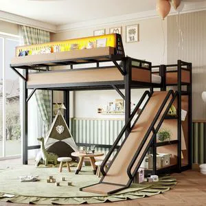 Twin XL/Queen/Full Size Loft Bed with Slide, Storage Shelves and Wardrobe, Metal Dorm Bed with USB Ports and LED Lights, Corner Beds with Pegboard for Master Bedroom Guest Room (Natural Twin XL) Twin XL/Queen/Full Size Loft Bed with Slide, Storage Shelves and Wardrobe, Metal Dorm Bed with USB Ports and LED Lights, Corner Beds with Pegboard for Master Bedroom Guest Room (Natural Twin XL)