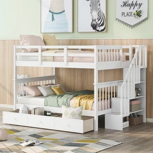 Hassyee Full-Over-Full Wood Bunk Bed with Staircase and Storage Drawers, Dorm Bed with Guard Rails and Slat Support for Guest Room Apartment Bedroom, No Box Spring Needed (White Full-Over-Full) Hassyee Full-Over-Full Wood Bunk Bed with Staircase and Storage Drawers, Dorm Bed with Guard Rails and Slat Support for Guest Room Apartment Bedroom, No Box Spring Needed (White Full-Over-Full)
