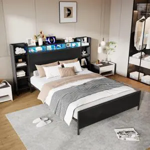 Queen/King/Twin/Full Size Metal Platform Bed Frame with USB Charging Station and Storage Headboard, Panel Bed Mattress Foundation with LED Light for Guest Room Apartment Bedroom (Black + Twin) Queen/King/Twin/Full Size Metal Platform Bed Frame with USB Charging Station and Storage Headboard, Panel Bed Mattress Foundation with LED Light for Guest Room Apartment Bedroom (Black + Twin)