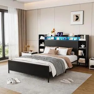 Queen/King/Twin/Full Size Metal Platform Bed Frame with USB Charging Station and Storage Headboard, Panel Bed Mattress Foundation with LED Light for Guest Room Apartment Bedroom (Black + Queen) Queen/King/Twin/Full Size Metal Platform Bed Frame with USB Charging Station and Storage Headboard, Panel Bed Mattress Foundation with LED Light for Guest Room Apartment Bedroom (Black + Queen)