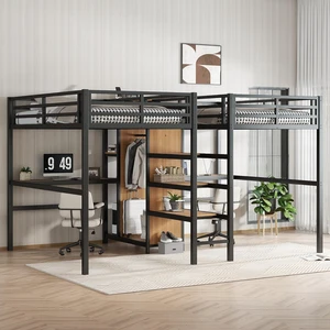 Double Twin Metal Loft Bed with Desk and Wardrobe, Sturdy Dorm Bed with Ladder, Guardrail and Storage Shelves for Teens Shared Room Bedroom Apartment, No Box Spring Needed (Natural Double Twin) Double Twin Metal Loft Bed with Desk and Wardrobe, Sturdy Dorm Bed with Ladder, Guardrail and Storage Shelves for Teens Shared Room Bedroom Apartment, No Box Spring Needed (Natural Double Twin)