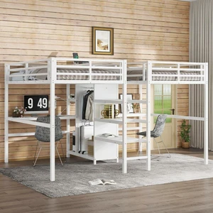 Hassyee Double Twin Metal Loft Bed with Desk and Wardrobe, Sturdy Dorm Bed with Ladder, Guardrail and Storage Shelves for Teens Shared Room Bedroom Apartment, No Box Spring Needed (Beige Double Twin) Hassyee Double Twin Metal Loft Bed with Desk and Wardrobe, Sturdy Dorm Bed with Ladder, Guardrail and Storage Shelves for Teens Shared Room Bedroom Apartment, No Box Spring Needed (Beige Double Twin)